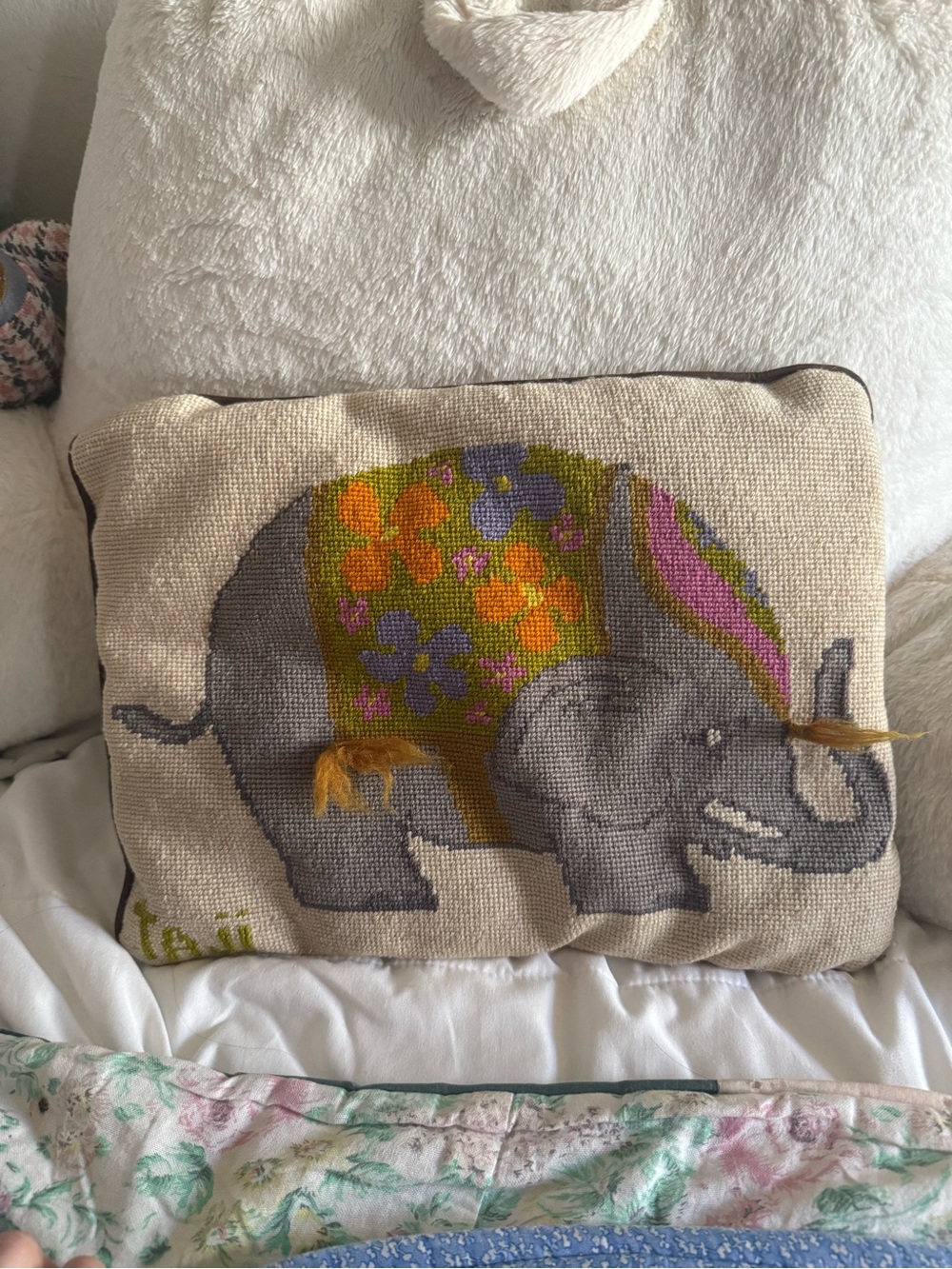 Handmade Elephant Needlepoint Pillow